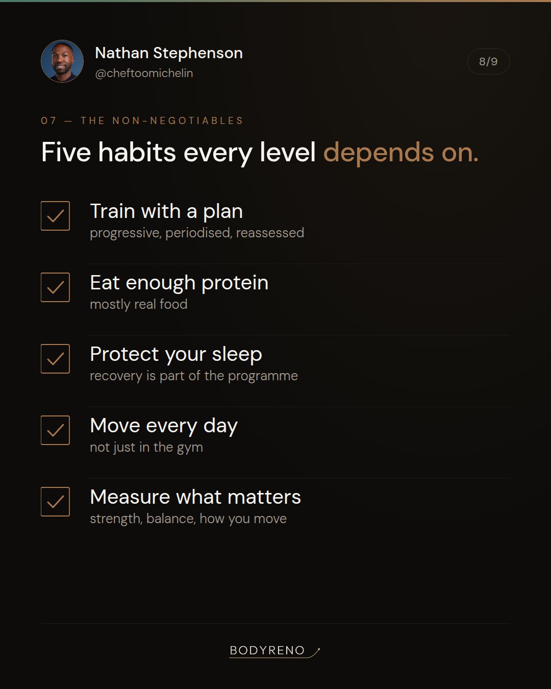 Five habits every level depends on: train with a plan, eat enough protein, protect your sleep, move every day, measure what matters